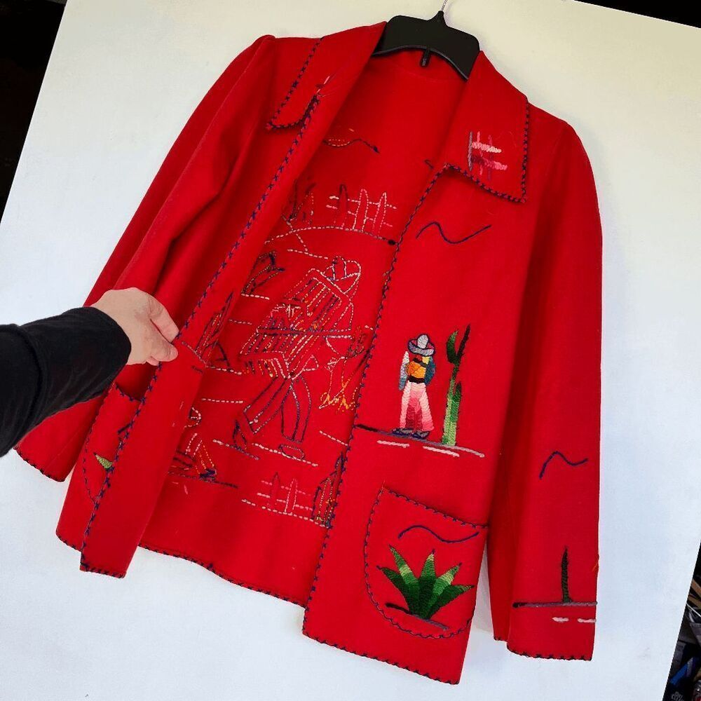 VTG 1940s Mexican Embroidered Wool Jacket Hand-Dyed Yarn, Folk Art, Red Wool S - Picture 6 of 15